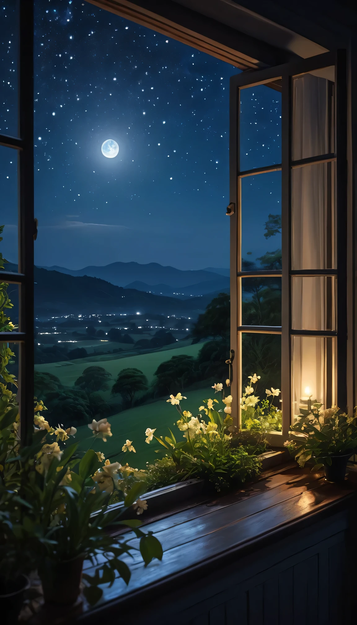 The View Outside the Window, [night scene], [calm], [peaceful], [serene], [tranquil], [scenic], [romantic], [mysterious], [soft glow], [moonlit], [stars], [silhouette], [whispering breeze], [lonely], [solitude], [quiet], [serene], [relaxing], [peaceful], [gentle], [nighttime], [enchanted], [dreamlike], [magical], [garden], [lush greenery], [rustling leaves], [fragrant flowers], [sparkling dew], [cricket sounds], [serenity], [moonshadow], [nighttime peace], [dreamy], [ethereal], [natural beauty], [calmness], [night scape], [midnight blue], [starry skies], (best quality,4k,8k,highres,masterpiece:1.2)