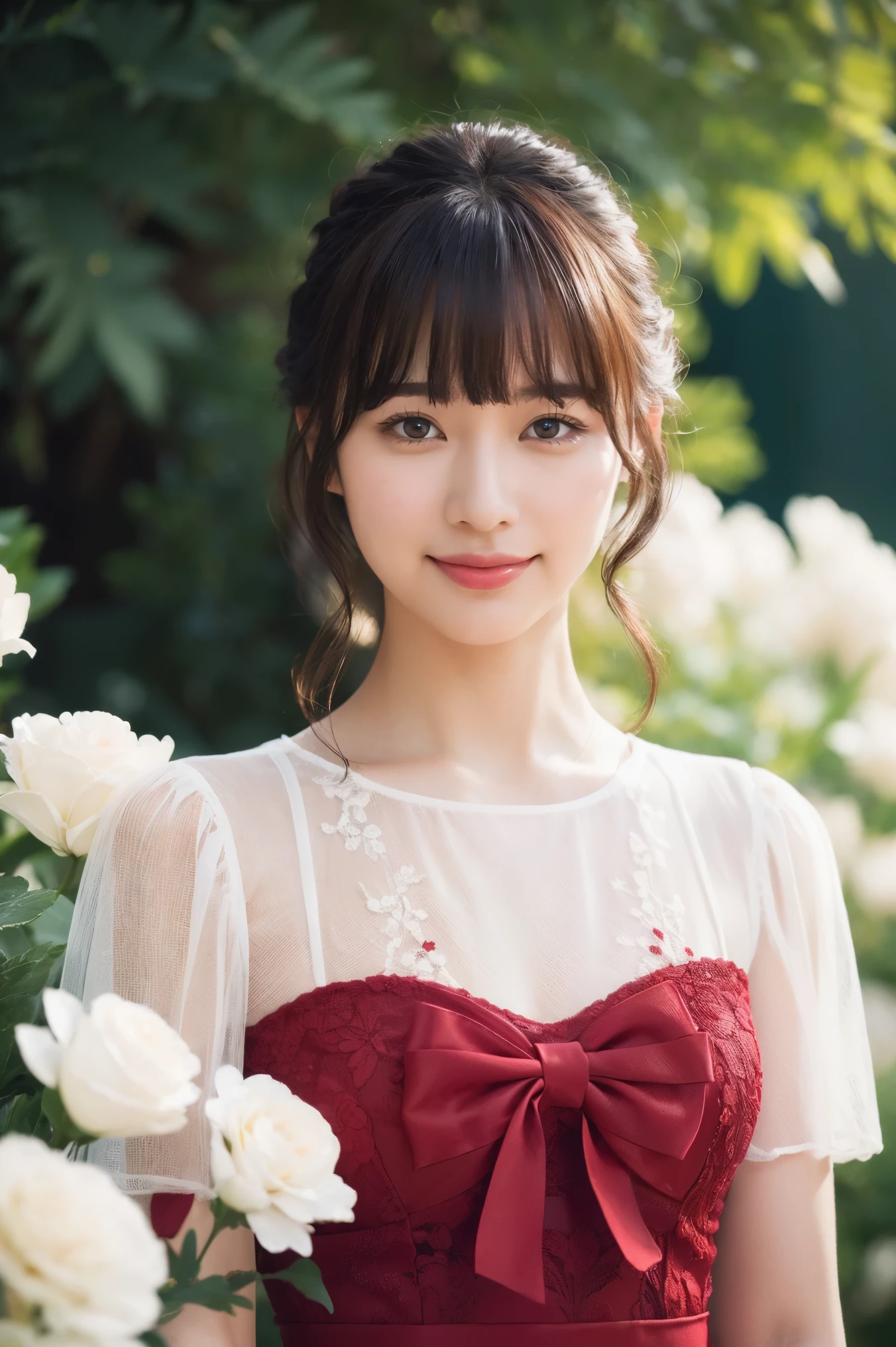 medium view, medium shot, written boundary depth, bust, Upper body, cinematic angle, masterpiece, highest quality, Super detailed, cg, 8k wallpaper, beautiful face, delicate eyes, maiden, alone, smile, bangs, skirt, shirt, have, deep red dress, bow, petal, bouquet