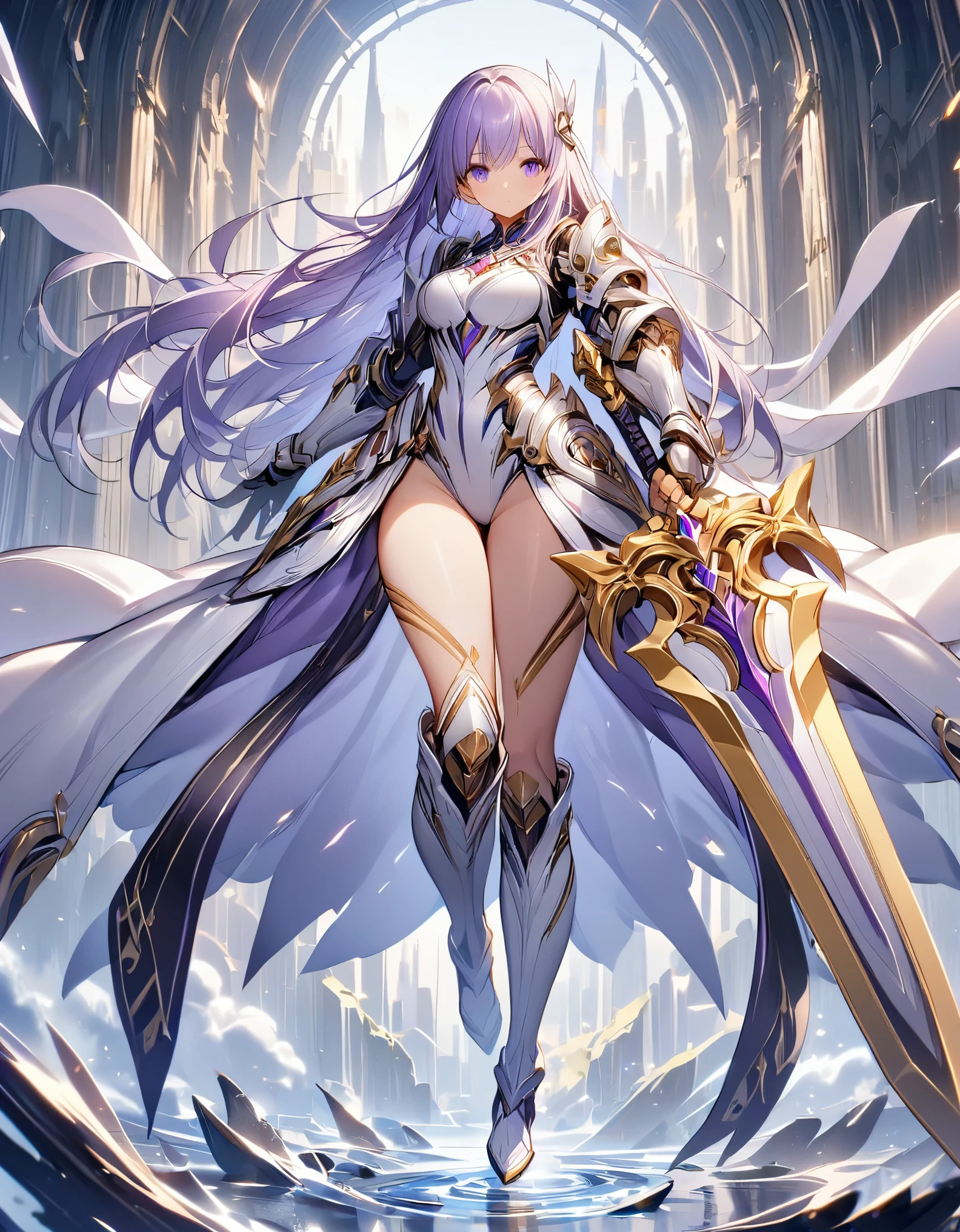 1girl has a tall figure and has is long, purple hair. She wears a white leotard, combined with black line elements. She wears a white hair ornament and carries an extremely large golden sword. bare legs, white boots, full body, purple eyes