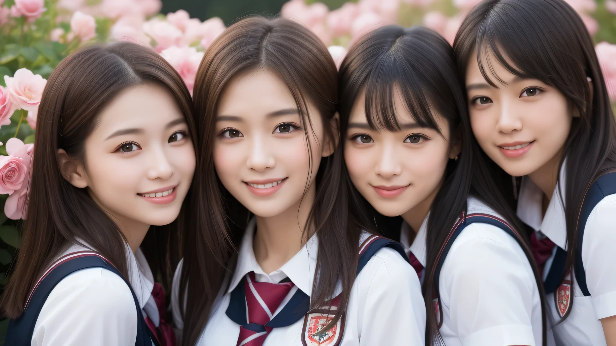 (short hair:1.2), (big smile), beautiful face, Amazing face and eyes, delicate, (Best Quality:1.4), (Ultra-detailed), (extremely detailed beautiful face), (princess hair cut style), cute smile, brown eyes, (highly detailed Beautiful face), (short sleeves school uniform:1.3), (extremely detailed CG unified 8k wallpaper), Highly detailed, High-definition raw color photos, Professional Photography, Realistic portrait, evening, Extremely high resolution, smiling, modern, trendy, fashionable, Group photo of high school girls, face close-up, pink Flower field, many rose flowers,