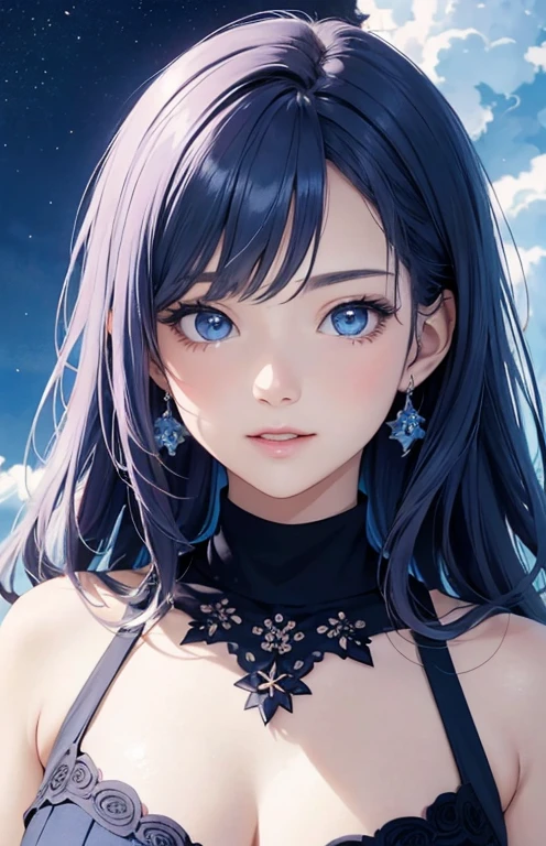 masterpiece、highest quality、High resolution、high quality images、8K, 1 female、skin luster、Texture of skin and clothing、Expression of fine eyes、shiny blue hair,Girl with long blue hair, Manga inspired by Lee Jong-suk, trending on deviantart, realism, detailed manga style, manga art style, perfect line drawing, beautiful line drawing, digital manga art girl, K-POPアイドル, dress, beautiful blue eyes, plump lips, detailed gorgeous face, (cute smile), charm, innocent, Side view, (perfectly detailed face), (fine hands) photorealistic images, Depth of written boundary, half up hairstyle, (Dark blue turtleneck sleeveless knit)、pencil skirt , corolla , cloud,sky sky,night ,star, garden,Rose,The skin is delicate,建物の前にはBlue Roseが咲いている, rose background, rosette, beautiful flower garden, Pastel Roses, blue flower, beautiful and aesthetic, Heavenly Blue, beautiful aesthetics, Pale blue shade, shades of blue, lying on a rose, rose background, pastel overflow, Blue Rose