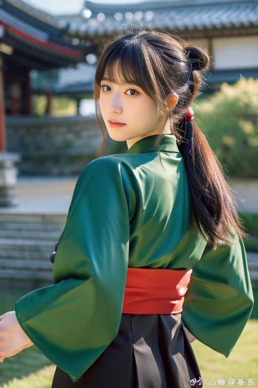 1 girl,full body photo,Japanese,25 years old, medium length black hair,Green Highlight Hair,traditional clothing,Super high quality output image,High resolution,intricate details,Her hair blowing in the wind is so delicate and beautiful,realistic pictures,dream-like,professional lighting,realistic shadow,focus only,beautiful hands,beautiful fingers,Detailed functions of fingers,Detailed clothing characteristics,Detailed characteristics of hair,detailed facial features,Japan castle in the background、Belt sword、Draw your sword、Female samurai serious expression、Highly detailed eye resolution、black and red clothes、light shines in from behind、Backlight、Japanese clothing、shinobi costume、Hairpin、Sword wound on the face、war、My clothes are tattered、ponytail