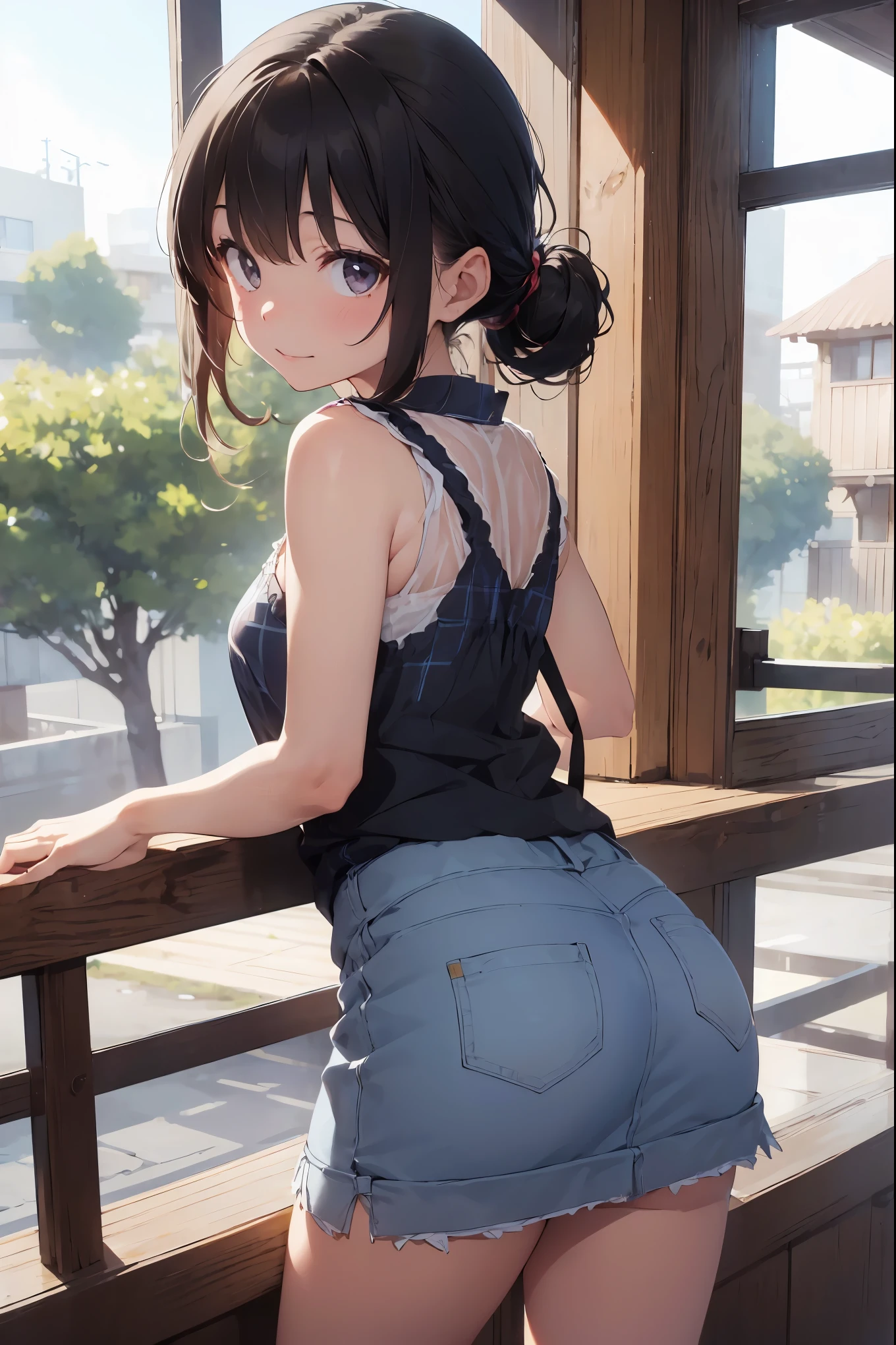 (8K、Highest image quality、highest quality、masterpiece)、detailed face、((one **li))、black hair、double bun、gray eyes、evil smile、((grin))、small breasts、((black camisole))、((denim pencil skirt))、((miniskirt))、cowboy shot、((bent over:1.3))、turn your back、look back、Take a photo from behind、touch the flying box、turn your butt、Gym storeroom
