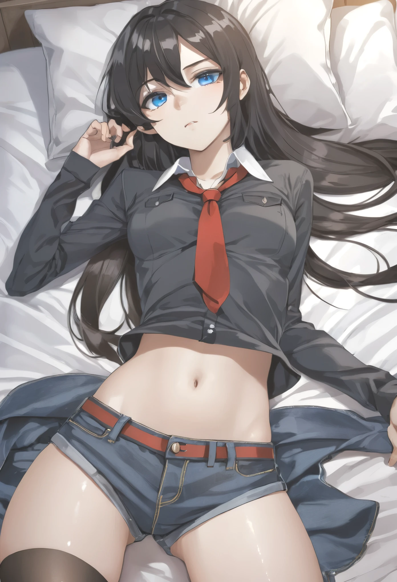 anime girl,long hair,Exterior Black, Inner Red, two tone hair,blue eyes,White Men's Long Sleeve Shirt,denim shorts,black pantyhose,high resolution,very sharp,8 thousand,extra fingers,Reduced number of fingers,(bad anatomy),NSFW,bed,Bewitching pose
