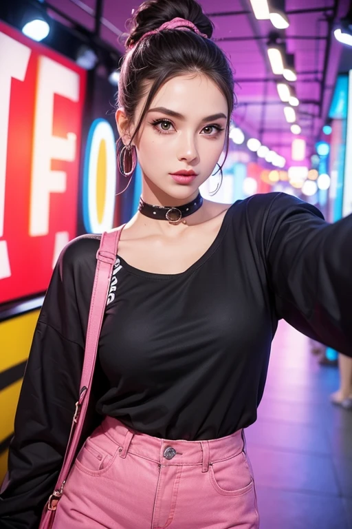 beautiful woman, wearing a stylish and casual outfit, with a determined expression on her face, fashionable, woman, vibrant, outfit, posing, front, colorful, dynamic, background, elements, confident, expression, accessory, majestic, coiled, attention-grabbing, title, stylish, catchy, headline, larger, striking, modern, trendy, focus, fashion, selfie