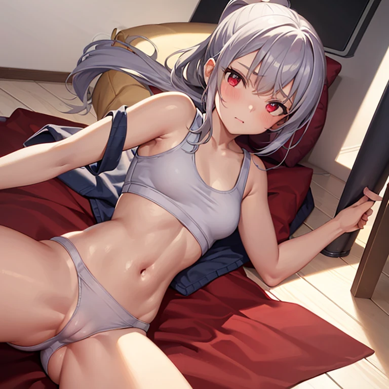 , school girl, sports bra, short , ponytail, fit clothes, red eyes, silver hair, camel toe,Lying with legs spread, Translucent dress,