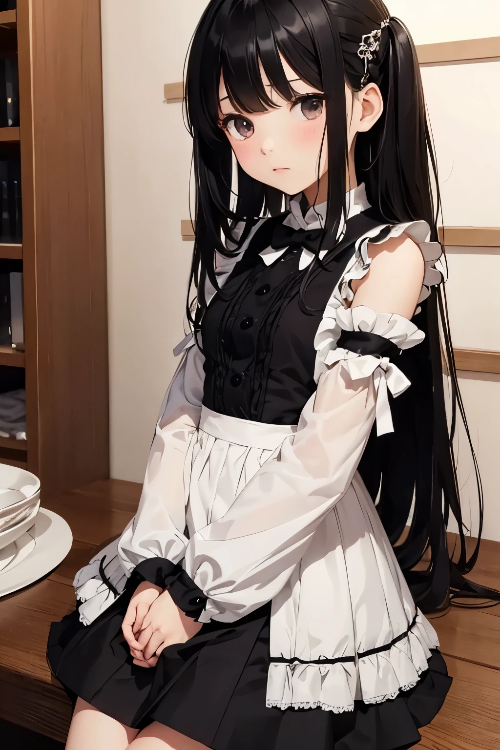 loli、exquisite、Sex、Apprentice dress、Gentle、black hair、long skirt、Don't hold up your skirt with your hands、Expressionless 、Full full body shot