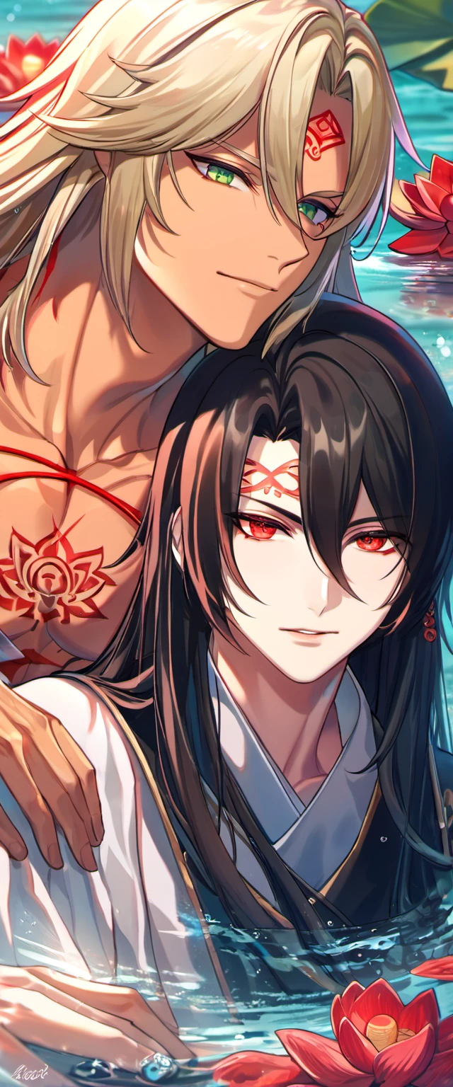 (absurdres, highres, ultra detailed, HDR), master piece, best quality, vibrant red eyes, Asura, onmyoji, black long hair, tanned skin, red mark on the forehead, red marks on the chest, Taishakuten, ash blond hair, hair between the eyes, vibrant green eyes, 2 gay men hugging, handsome, water, lotus