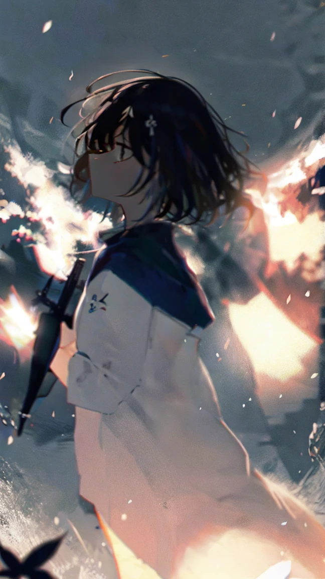 Product illustration of a girl in the rain,cherry blossoms,water中で,water,black hair,short bob,playing in the river