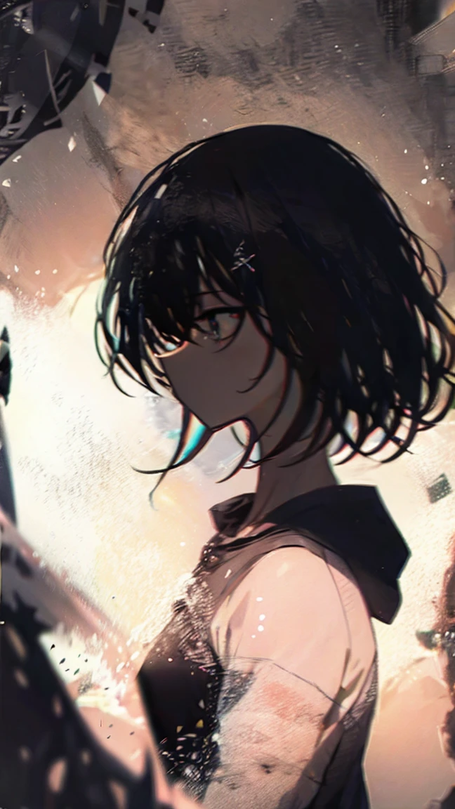 Product illustration of a girl in the rain,cherry blossoms,water中で,water,black hair,short bob,playing in the river