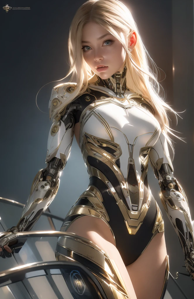 Intricate 3d rendering of highly detailed beautiful female cyborg, beautiful girl face, blonde hair, torso, mechanical limbs, 150 mm, beautiful studio soft light, rim light, vibrant details, luxurious cyberpunk, lace, surreal, anatomy, facial muscles, cables wires, microchip, elegant, beautiful background, octane rendering, HR Giger style, 8k, best quality, masterpiece, illustration, very delicate and beautiful, very detailed, CG, unity, wallpaper , (fidelity, fidelity: 1.37), amazing, fine detail, masterpiece, best quality, official art, very detailed cg unity 8k wallpaper, absurd, unbelievably absurd, robot, full body, thigh gap