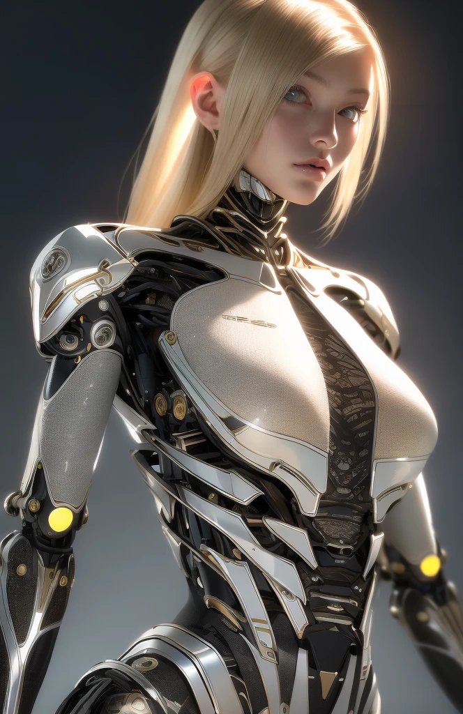Intricate 3d rendering of highly detailed beautiful female cyborg, beautiful girl face, blonde hair, torso, mechanical limbs, 150 mm, beautiful studio soft light, rim light, vibrant details, luxurious cyberpunk, lace, surreal, anatomy, facial muscles, cables wires, microchip, elegant, beautiful background, octane rendering, HR Giger style, 8k, best quality, masterpiece, illustration, very delicate and beautiful, very detailed, CG, unity, wallpaper , (fidelity, fidelity: 1.37), amazing, fine detail, masterpiece, best quality, official art, very detailed cg unity 8k wallpaper, absurd, unbelievably absurd, robot, full body, thigh gap