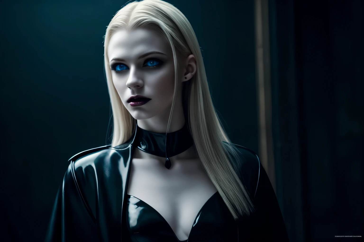 ((masterpiece)), ultra-realistic, portrait of a beautiful pale-skinned vampire with (black enamel), a deep dark makeup, bright blue eyes, in a dark and gloomy environment. (Prompt is in Portuguese)