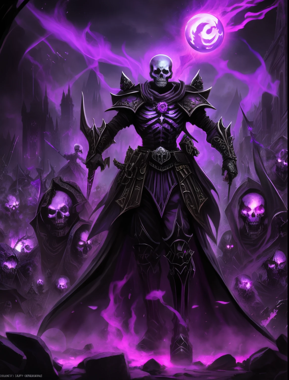 necromancer, purple energy, shining eyes, army of the dead, various skeletons.