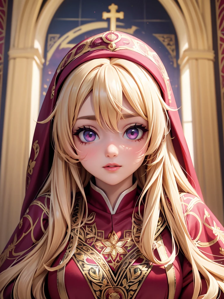 (best quality,4K,8K,high resolution,masterpiece:1.2),Super detailed,actual,Beautiful and delicate bright purple eyes,Beautiful and delicate deep red lips,extremely detailed face,super long hair,1 girl,Beautiful blonde girl,Wearing a red nun costume,Platinum nun&#39;s headscarf,(gold ornaments),pink luminous pattern,Gold pattern,(complex pattern:1.4), Lovely,attractive,church, portrait, delicate eyes