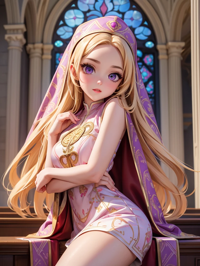 (best quality,4K,8K,high resolution,masterpiece:1.2),Super detailed,actual,Beautiful and delicate bright purple eyes,Beautiful and delicate deep red lips,extremely detailed face,super long hair,1 girl,Beautiful blonde girl,Wearing a red nun costume,Platinum nun's headscarf,(gold ornaments),pink luminous pattern,Gold pattern,(complex pattern:1.4), Lovely,attractive,church, portrait, delicate eyes