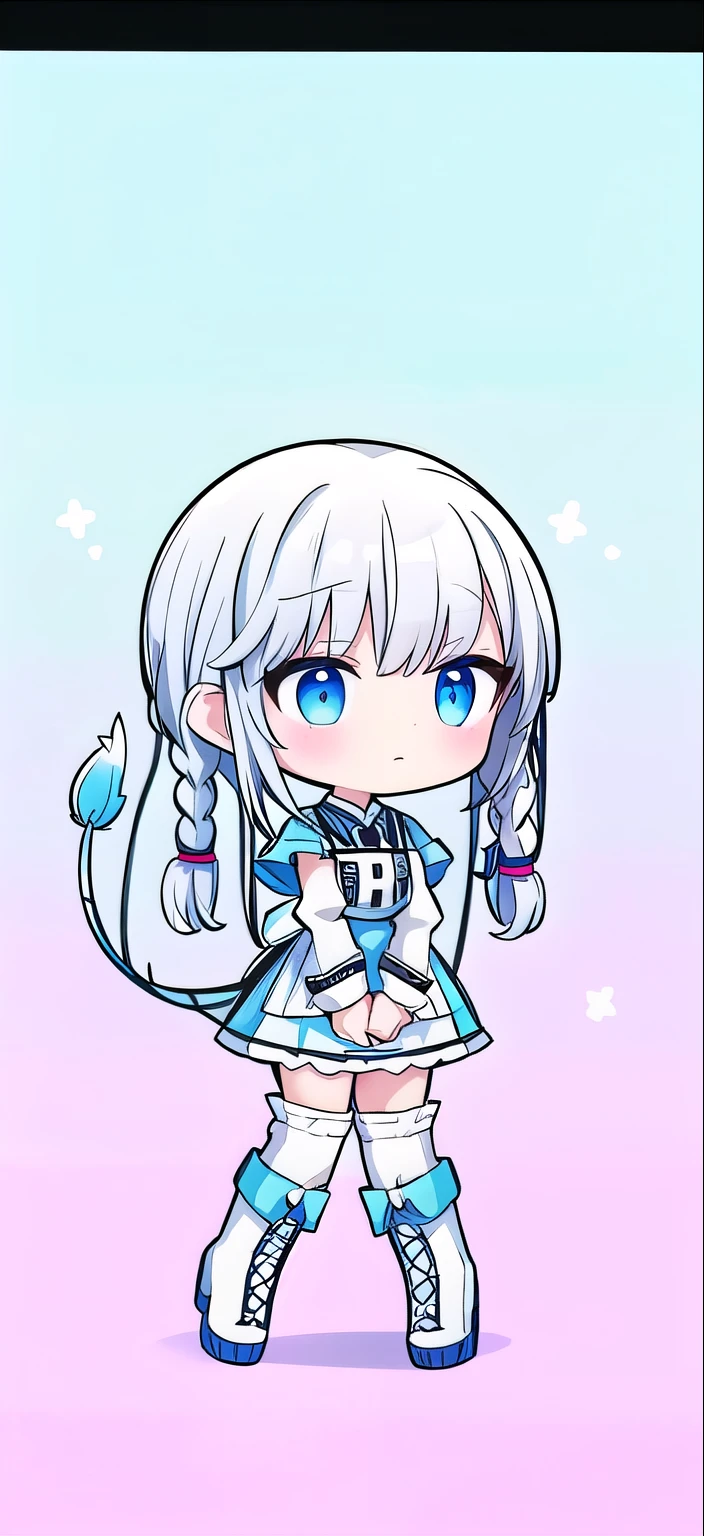 long white hair,maid outfit,white stockings,boots,Tail,braids,blue eyes