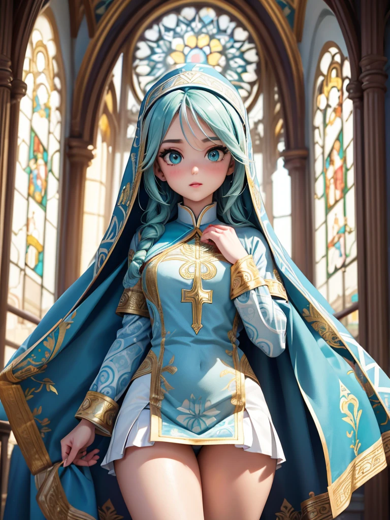 (best quality,4K,8K,high resolution,masterpiece:1.2),Super detailed,actual,Beautiful and delicate lake green eyes,Beautiful and delicate lips,extremely detailed face,super long hair,1 girl,Beautiful girl with aqua hair,Wearing military blue nun costume,Platinum nun&#39;s headscarf(Gorgeous gold pattern decoration),(complex pattern:1.4),Lovely,attractive,church, portrait, delicate eyes