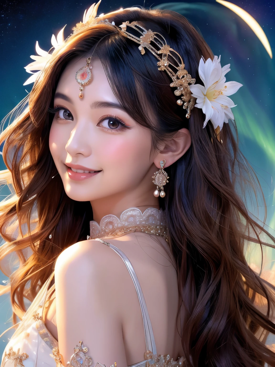 ((Sun, moon and stars,night sky)),(Masterpiece、top quality、top quality、official art、Exquisite and beautiful:1.2)、(1 girl in)、(((Staff,Buddha's light,Current Ions,aurora))),Very detailed、(fractal art:1.3)、Colorful、most detailed,(Posture in motion:1.4)、Beautiful and delicate face with details、Beautiful and delicate eyes with details、Very fine eye definition, (symmetrical eyes:1.3),((natural smile)),Floral fragrance,feather、Goddess image