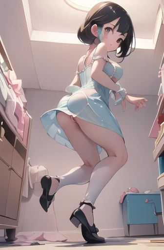 (((((from behind))))), (((((((from below)))))))) (((solo toddler))), (((:2.0))), ((squatting, spread legs)), sexy pose, seductively posing, ((((short legs)))), (((toddler))), (((big head))), ((((disproportionate breasts)))), (((full-face blush))), (((loli face aig boobs))), (((huge breasts))), ((huge soft boobs:1.5)), (little loli), (petite ), (short stature), (loli body), (cute f, (elementary school girl), (precocious softy big bust), ((baby face)), (kindergartner), (((children's body))), cute face, baby, (masterpiece:1.2), (best quality:1.2), (ultra detailed:1.2), (extremely detailed:1.4), (((style of precure))), (((wearing precure costume))), ((((undersized clothes)))), ((china dress)), nipples through, ((see through)), chemise, ((lingerie)), (((negligee))), fishnet legwear, indoors, (child room), (((pastel color room, cute room)))