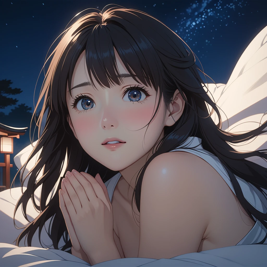 masterpiece, High resolution, illustration, kyoto animation style, Your name is cinematic style, night, midnight, Light, (1 female: 1.3), (alone: 1.4), long eyelashes, long hair, nose blushing, futon, jumping, ?????, face close-up, Hide with hands , Hide with hands,