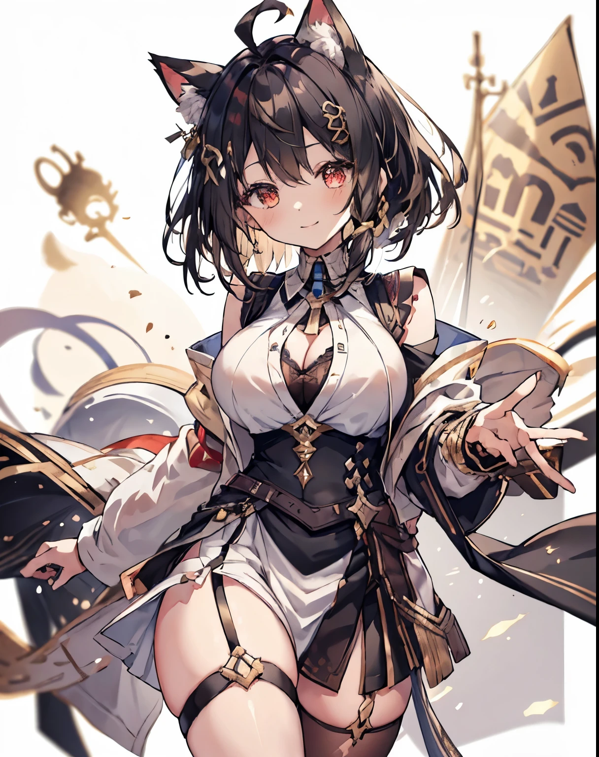 masterpiece, 1girl, sparrow, a black haired girl, wearing a egyptian clothes, curly medium hair, messy hair, slim body, he close her left eye, shirt ornament, golden eyes in right, red eyes in left, sho show her back, ahoge, white vest, baby face, big breast, beautiful breasts, rounded breasts, braid hair, long sleeves, beautiful eyes, white stocking, droopy eyes, her age is 19 years old, smile, egyptian clothes, cat ears, heterochromia