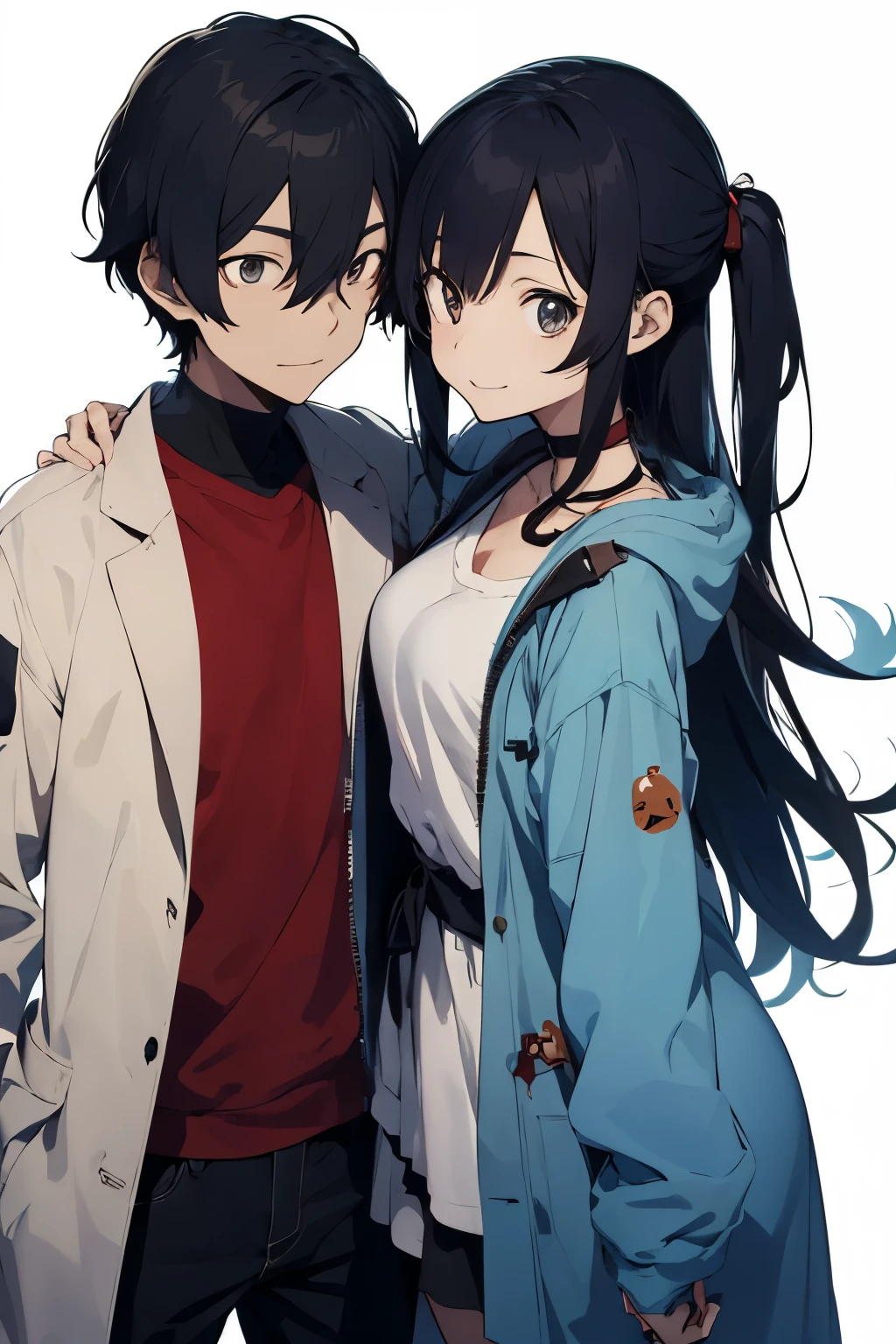 An anime style couple with a short woman in a scientist's coat hugging her tall boyfriend who has few features of a zombie white background