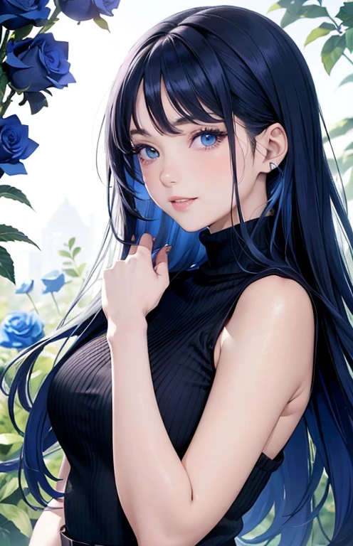 masterpiece、highest quality、High resolution、high quality images、8K, 1 female、skin luster、Texture of skin and clothing、Expression of fine eyes、shiny blue hair,Girl with long blue hair, Manga inspired by Lee Jong-suk, trending on deviantart, realism, detailed manga style, manga art style, perfect line drawing, beautiful line drawing, digital manga art girl, K-POPアイドル, dress, beautiful blue eyes, plump lips, detailed gorgeous face, (cute smile), charm, innocent, Side view, (perfectly detailed face), (fine hands) photorealistic images, Depth of written boundary, half up hairstyle, (Dark blue turtleneck sleeveless knit)、pencil skirt , corolla , cloud,sky sky,night ,star, garden,Rose,The skin is delicate,建物の前にはBlue Roseが咲いている, rose background, rosette, beautiful flower garden, Pastel Roses, blue flower, beautiful and aesthetic, Heavenly Blue, beautiful aesthetics, Pale blue shade, shades of blue, lying on a rose, rose background, pastel overflow, Blue Rose