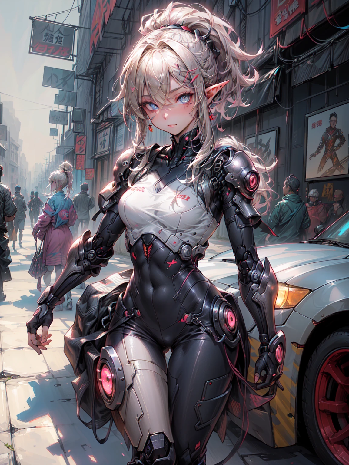 (Female cyborg on a bike)(((8K.HDR.Hyperrealism、Masterpiece 1.2、wlop1、Cinematic、Further content、Live Photo 1.2、Highest quality 1.2、Ultra high definition、Very detailed、Perfect Shading、Low angle upper body shot 1.2、1 photo、Commercial Photo 1.2、50mm、Film Grain、sf)))、(((Cyborg riding a red bike、))(Mechanical joints:1.2)、((Mechanical Limbs))、(Blood vessels connected to tu(Mechanical vertebrae attached to the back),((Mechanically connects the cervical spine to the neck),No facial expression,(Wires and cables attached to the neck:1.2)、(Head wires and cables:1.2)、(Focus on the characters)、(Rider Suit、Buildings at night、Buildings at night、Impressive night view、Cyberpunk World、Riding on motorcycle、Riding on motorcycle)、、(Focus on the characters、Angle from the side)、(White skin、Small breasts、Blonde、short hair、 bangs)