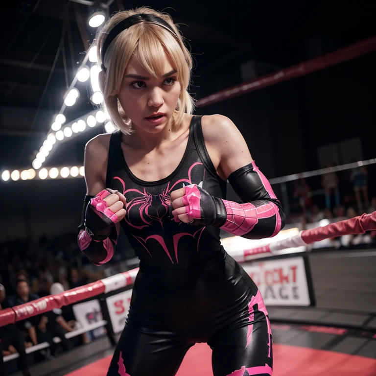 Gwen Stacey as Spidergirl, wearing a white-black-pink spidergirl boxing clothes made of spider web, 8k, uhd, sporty slim and fit body, determined face, detailed face, body, she is boxing against venom