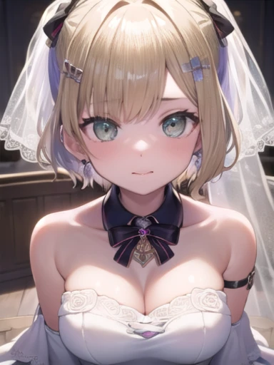 (masterpiece:1.3),((High resolution)),((high quality)),((Super detailed))、1 girl、perfect balance、perfect face、detailed face、cute face、beautiful詳細な目、Expressive eyes、cute eyes、shiny eyes、perfect body、beautiful体、((Wedding dress))、off shoulder、marriage、marriage式、bride、smile、Walnut noa、short hair、colorful hair、hair ribbon、hair ornament,(big breasts)、(head shot)、embarrassing、blush、beautiful女の子、cute face、beautiful顔、cute face、beautiful、best quality、good anatomy、ornaments　,short hair、colorful hair、hair ribbon、hair ornament、thigh strap、smile、closed mouth、blush、sitting、From above、