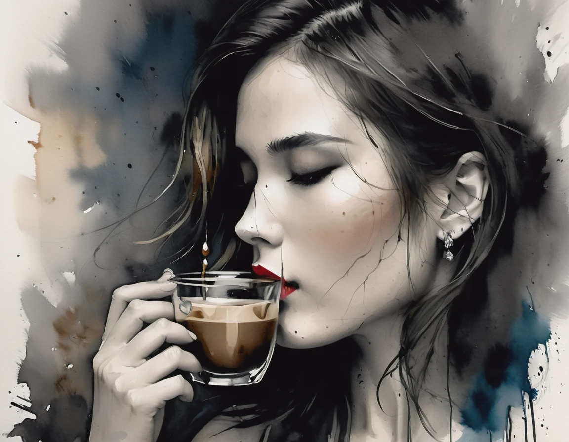 (Best quality, A high resolution, masterpiece :1.3), beautiful woman, a slim body, Dark brown hair,  sipping coffee by the window on an overcast morning, detailed rough charcoal sketch in Eric Wallis style, Benedick Bana triadic colours palette, film grain texture, she's wearing a thin white tank top with a transparent finish, dark red lips standout against her skin, blonde hair cut into a sharp square, noir-like digital painting in the fashion of ink fine art, the square window frames the scene revealing a close