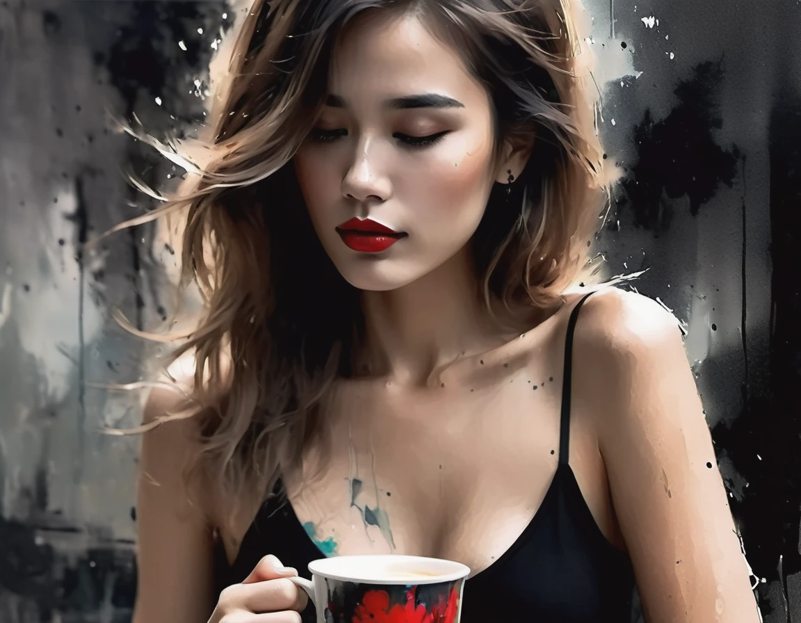 (Best quality, A high resolution, masterpiece :1.3), beautiful woman, a slim body, Dark brown hair,  sipping coffee by the window on an overcast morning, detailed rough charcoal sketch in Eric Wallis style, Benedick Bana triadic colours palette, film grain texture, she's wearing a thin white tank top with a transparent finish, dark red lips standout against her skin, blonde hair cut into a sharp square, noir-like digital painting in the fashion of ink fine art, the square window frames the scene revealing a close