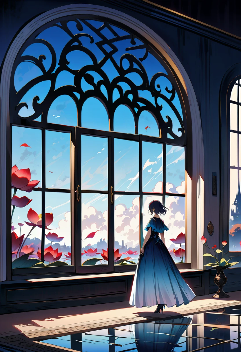 beautiful dark room，There is a big window,  The scenery outside the window，(Looking out from the window:1.5)，Roman style windows，An elegant woman wearing a blue gradient dress standing by the window.  A large lotus pond outside the window, creating a surreal ambiance.  Inspired by concept artist Mobius, The color has a strong contrast between light gray and dark navy blue, Create a sense of mystery.