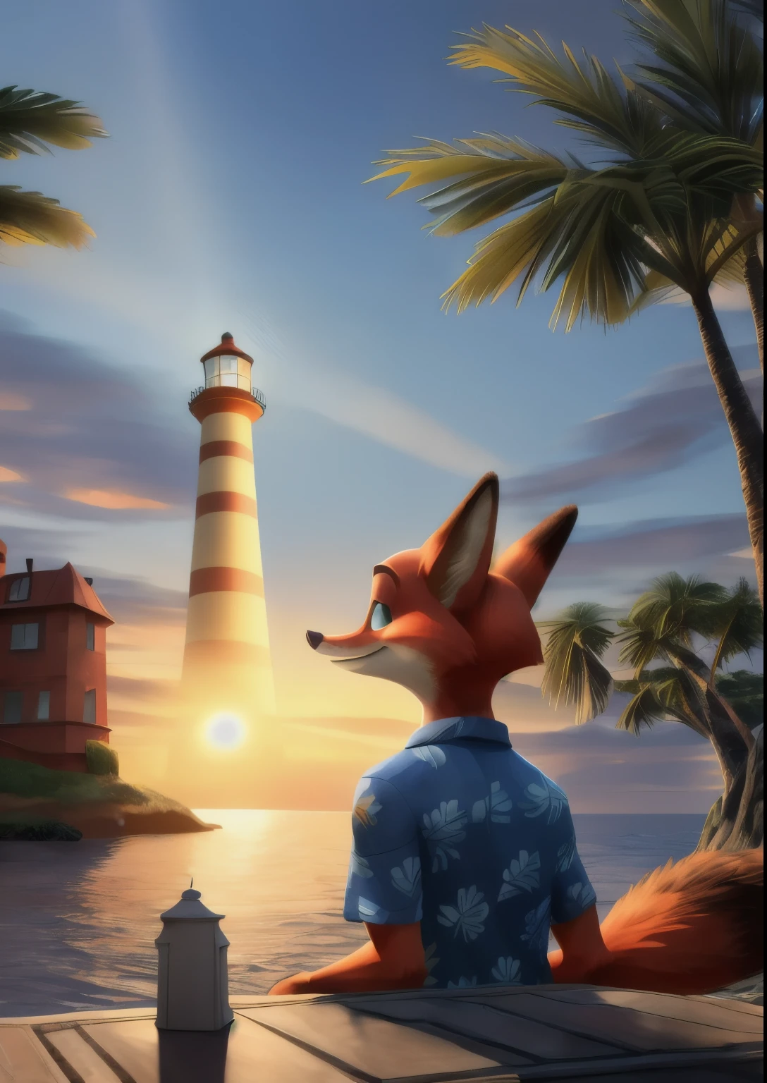 Uploaded to e621, [(by homogeneous rules, by Wilderling, by foxfu, by card sofa)::0.85],
alone (((Nick Wilde), three quarter portrait) Wear a blue Hawaiian shirt with gray-blue pants),
(Sitting on the island at dusk，There are plants and water, cloud, glowing light, architecture, lighthouse),
rest,
(Detailed background, depth of field, half shadow, Sunlight, Ambient light hits the body),
(complex:0.7), (high detail:1.3), (Unreal Engine:1.3), (sharp focus:1.15),
[Explicit content, problematic content], (masterpiece, best quality, 4K, 2k, shadow, Ridiculous resources)