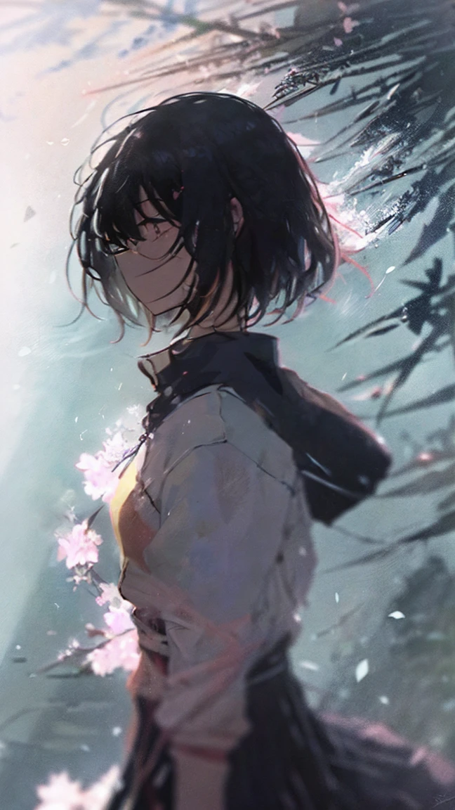 Product illustration of a girl in the rain,cherry blossoms,water中で,water,black hair,short bob,white skin