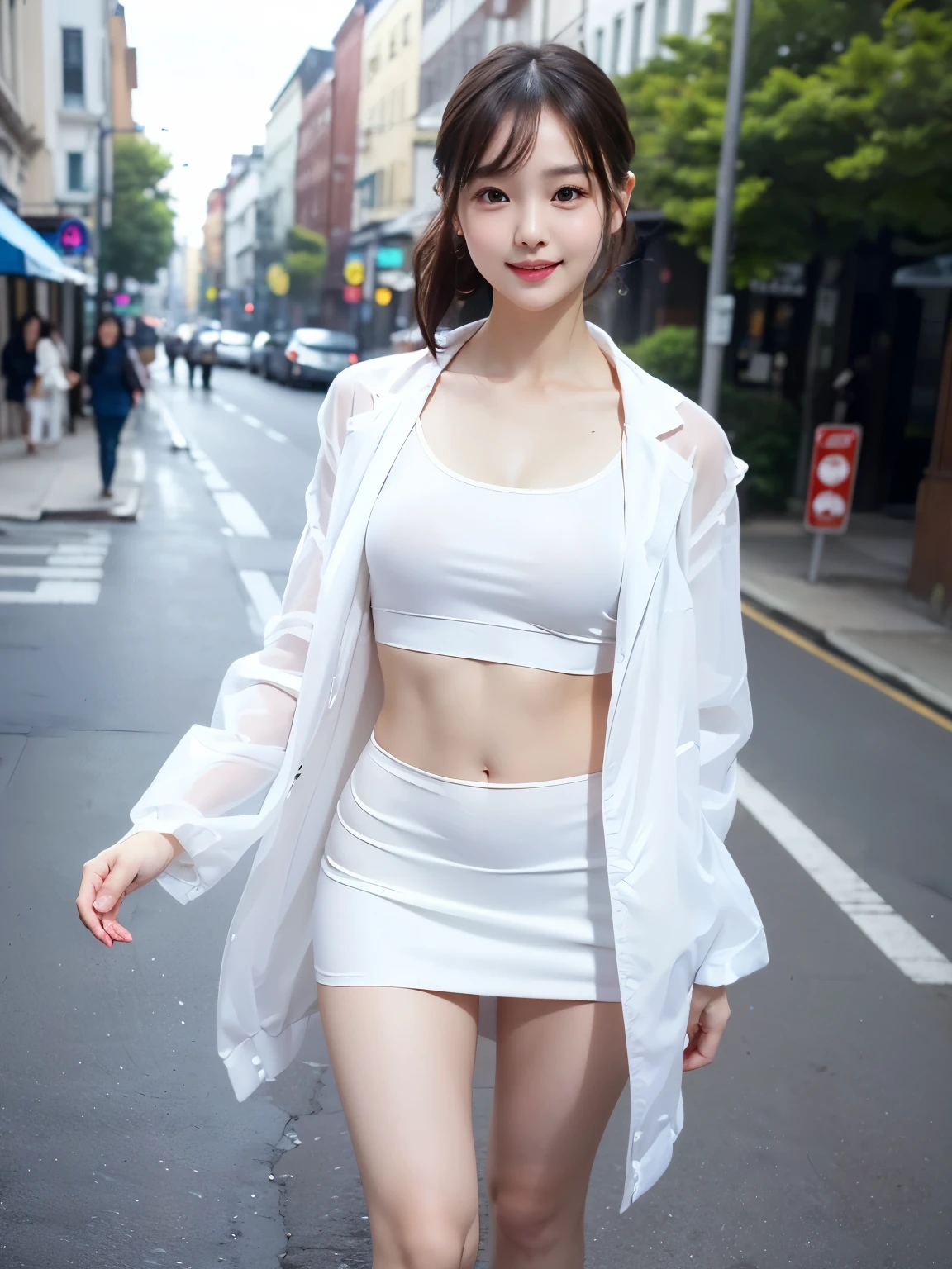 best quality, realistic, Wallpaper CG with excellent details Unity 8,000, depth of field, cinematic light, lens flare, ray tracing, (an exceptionally beautiful face, beautiful lips, beautiful eyes), A face with intricate details, ((Very transparent and natural skin)), ((1 Asian Young Woman)), ((small smile:1.3), (blurred background), (bright light), (There are no people in the background........:1.3), ((clear eyes)), ((front pose)), ((pale skinned)), ((look at me)), ((full body shot)), (light brown hair), ((A slender waist)),((natural arm movements)), ((Fine-grained fingers)),((precise fingers)), ((white crop top)), ((very short and tight white jacket)), ((short white skirt))、((small ass))、((Long limbs))、((Full-body depiction))、((stand))、((Full-body depiction))、((thin thighs))、((forward walking posture)), ((Let&#39;s run down the street))