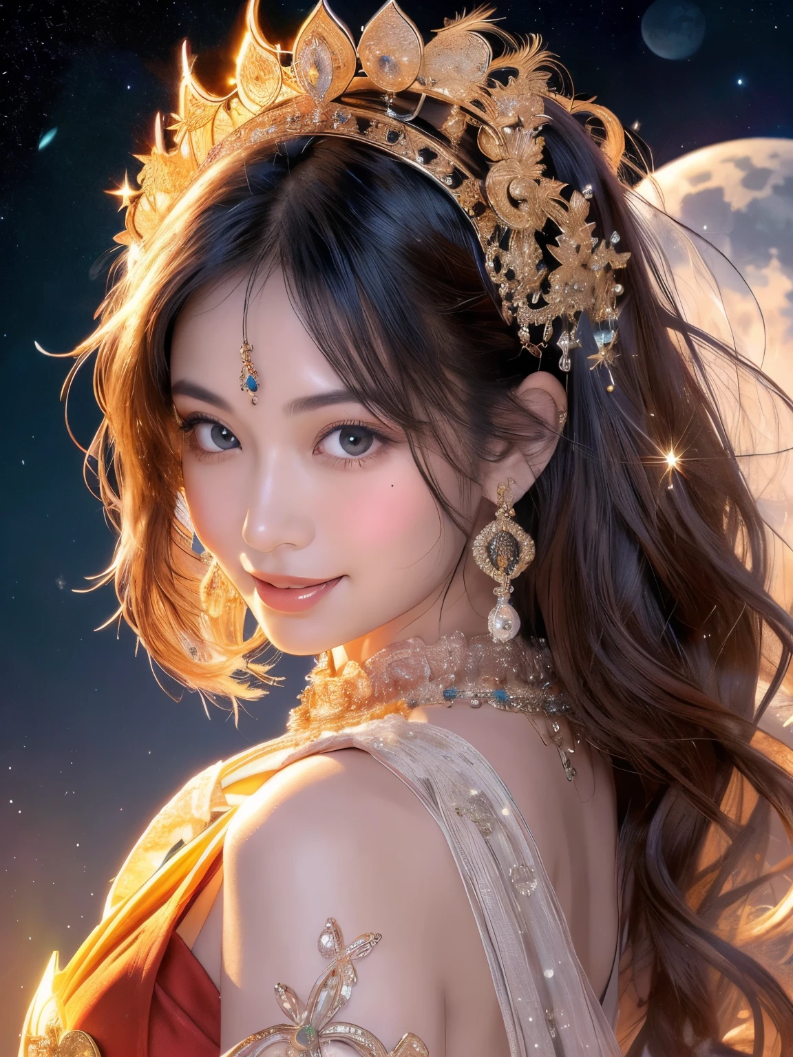 ((Sun, moon and stars，night sky))，(​Masterpiece、top quality、top quality、official art、Exquisite and beautiful:1.2)、(1 girl in)、(((Staff，Buddha&#39;s light，Current Ions，aurora)))，Very detailed、(fractal art:1.3)、Colorful、most detailed,(Posture in motion:1.4)、Beautiful and delicate face with details、Beautiful and delicate eyes with details、Very fine eye definition, (symmetrical eyes:1.3),((natural smile)),Floral fragrance,feather、Goddess image