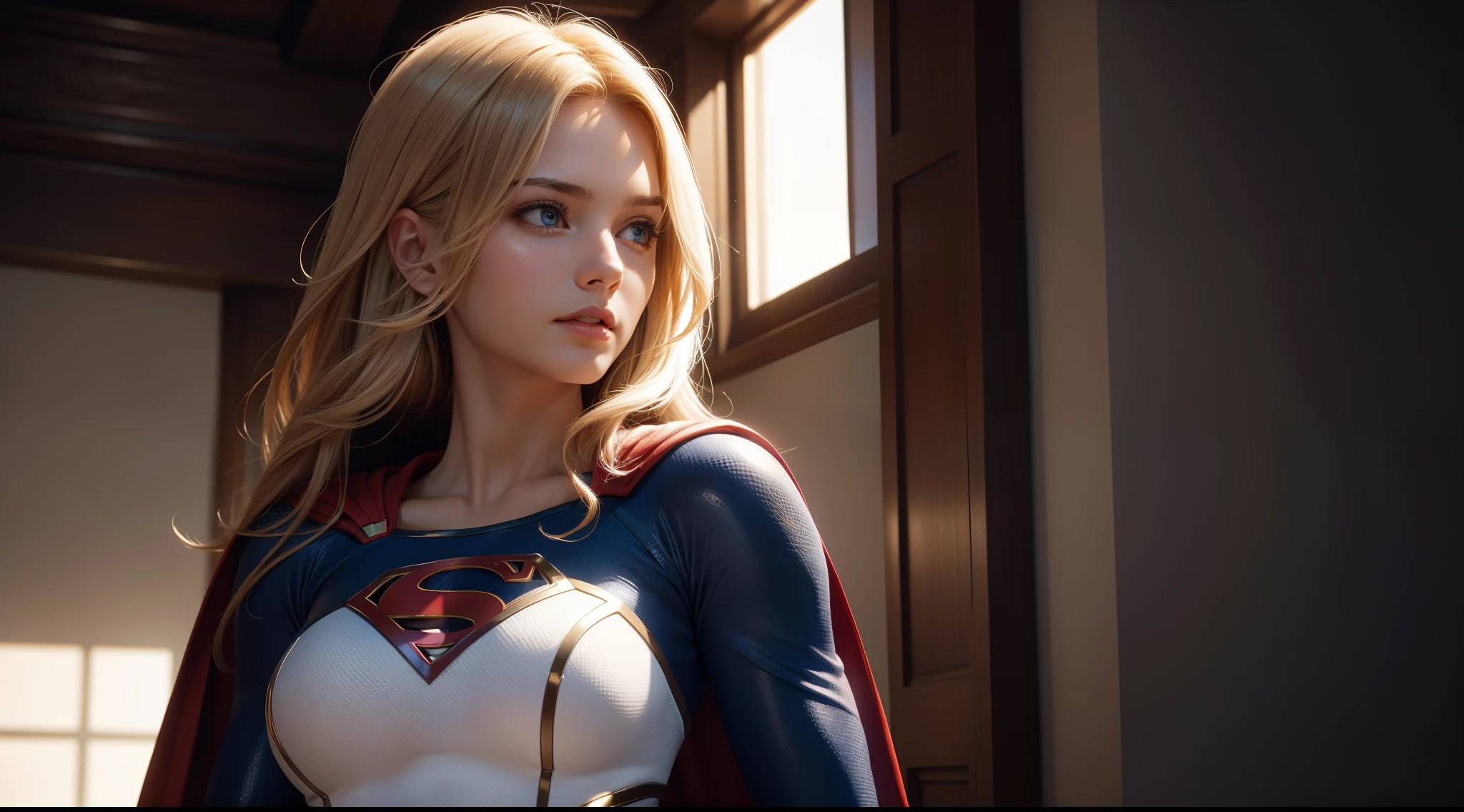 Supergirl in a white suit (tetas grandes) от DC Comics, CGI with clear focus, Photorealistic, high detail, Realistic, Masterpiece, absurdress, Best Quality, HDR, hiquality, hight resolution, Extremely detailed, 8k wallpaper, intricate details, 8K UHD, Full-HD, (foto realista:1.2), Contrast, sharp lighting, Cinematic lighting, natural lighting, hard light, Backlighting, Global Illumination, Environment Occlusion, in close
