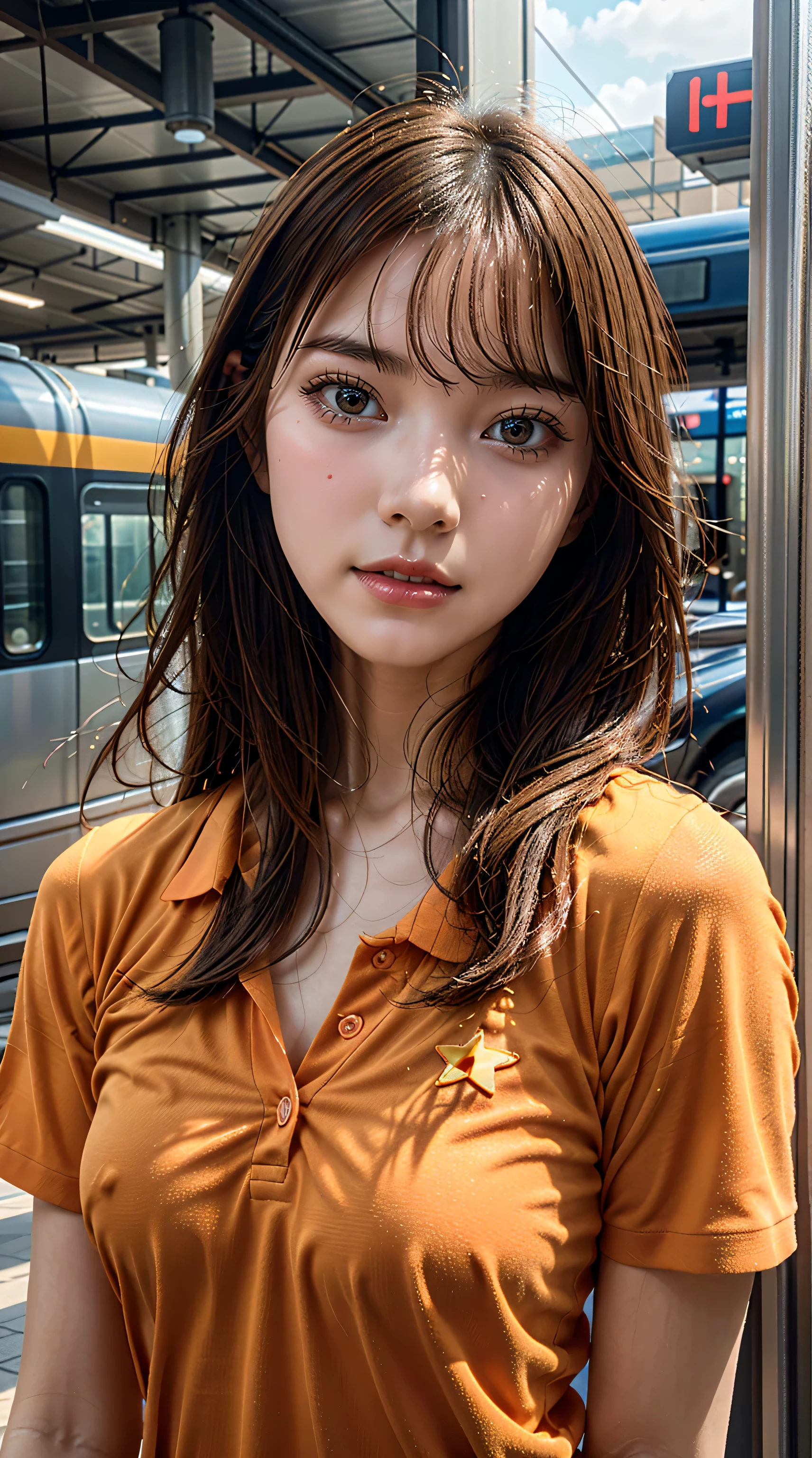 realistic pictures (1 cute korean star) flipped hair, light makeup, medium chest size, orange polo shirt, At the train station, Canon EOS's distinct features, 16k, High resolution, Sharp, realistic details, exposed exposed, interrupt, UHD, High resolution, highest quality