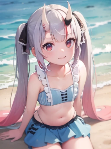 (masterpiece:1.3),((High resolution)),((high quality)),((Super detailed))、1 girl、perfect balance、perfect face、detailed face、cute face、beautiful詳細な目、Expressive eyes、cute eyes、shiny eyes、perfect body、beautiful体、(head shot)、embarrassing、blush、beach、beautiful女の子、cute face、beautiful顔、cute face、beautiful、best quality、good anatomy、ornaments , nakiri ayame, long hair, twin tails, Iris Bikini, blue bikini, ruffle bikini, bikini skirt, hair ribbon, black ribbon, ruffle chalk,smile、closed mouth、blush、sitting、from below、