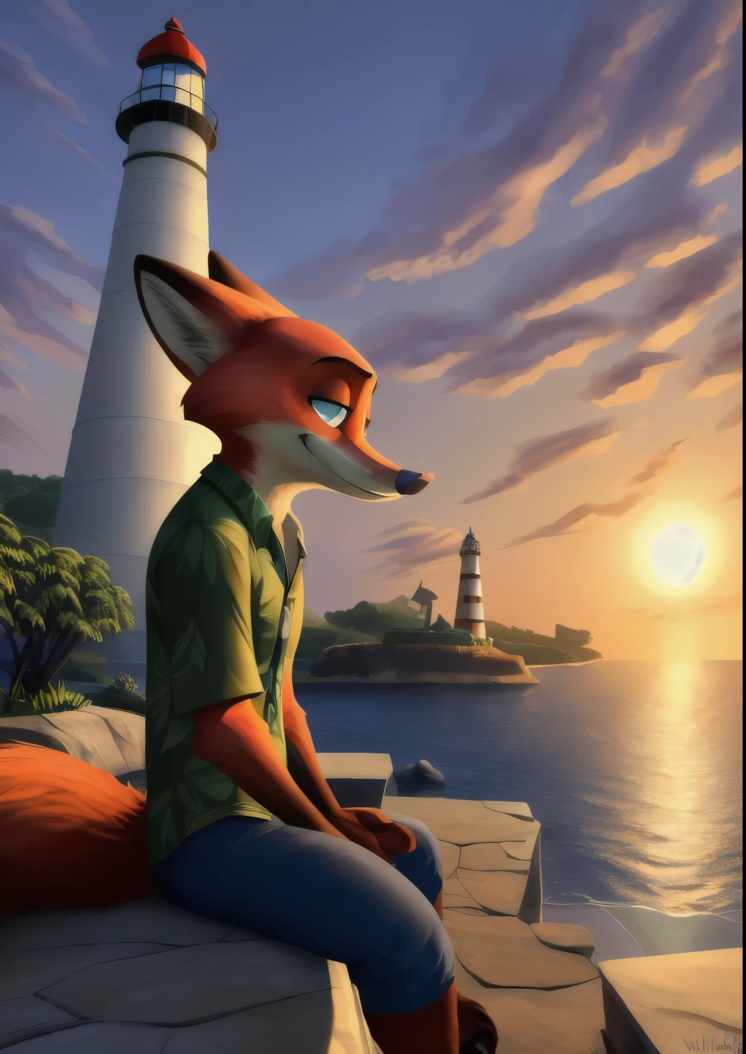 Uploaded to e621, [(by homogeneous rules, by Wilderling, by foxfu, by card sofa)::0.85],
alone (((Nick Wilde), three quarter portrait) Wear a blue Hawaiian shirt with gray-blue pants),
(Sitting on the island at dusk，There are plants and water, cloud, glowing light, architecture, lighthouse),
rest,
(Detailed background, depth of field, half shadow, Sunlight, Ambient light hits the body),
(complex:0.7), (high detail:1.3), (Unreal Engine:1.3), (sharp focus:1.15),
[Explicit content, problematic content], (masterpiece, best quality, 4K, 2k, shadow, Ridiculous resources)