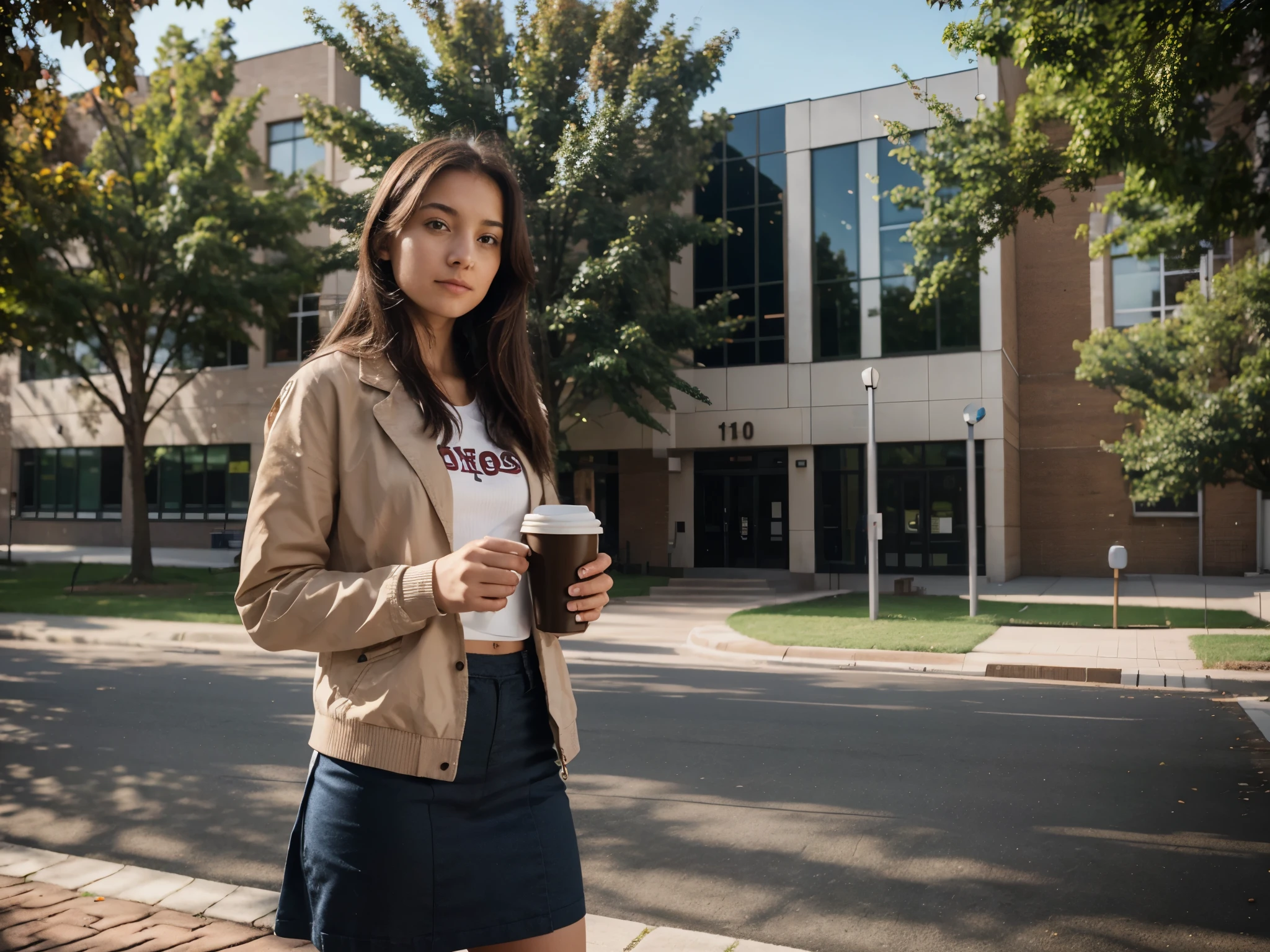 Female student with coffee cup standing at university. 4k