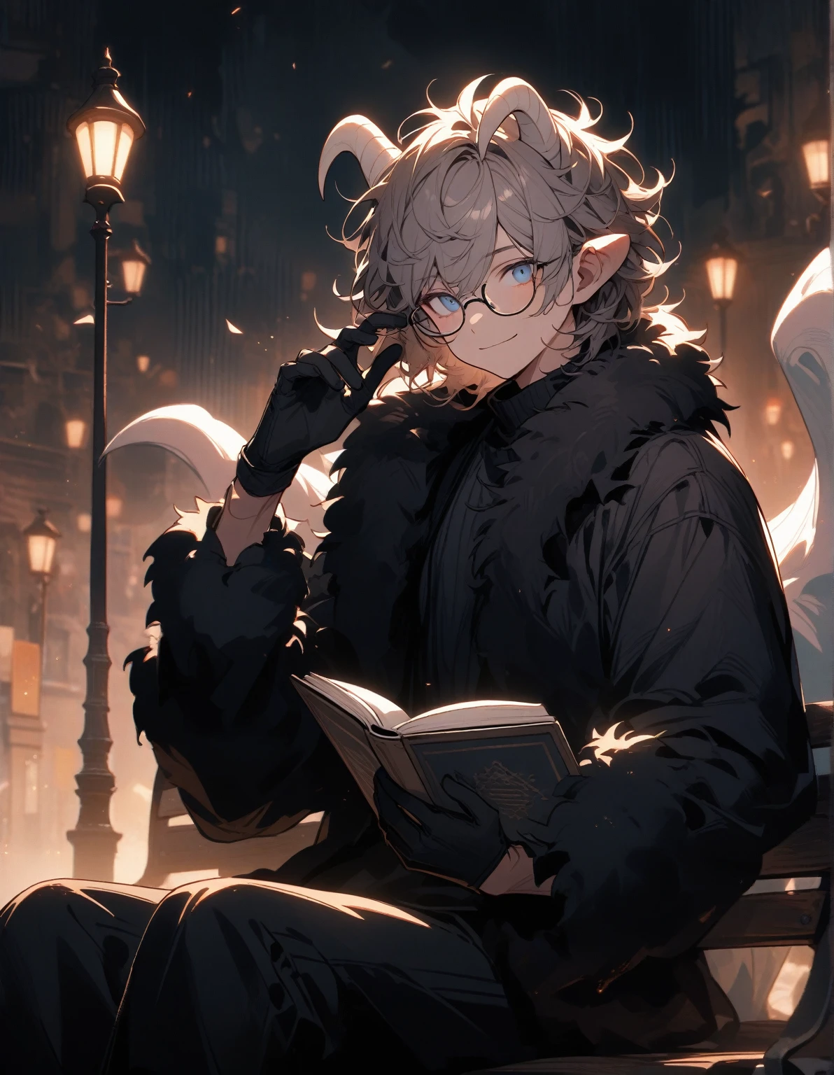 guy, blue eyes, short disheveled hair with bangs, looks at the viewer, wears glasses, big white horns and big demonic white wings behind his back, wears a black shirt with a fur jacket and black trousers, black gloves, sits on a bench, blushes, holds an open book in his hands, a lamppost, the light falls, it's dark around, a gentle smile, gentle tones