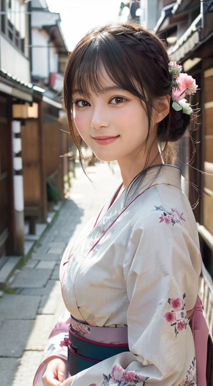 professional lighting,(Photoreal:1.4), (Top image quality:1.0), (超A high resolution:1.0), 8K, Raw photography, (masterpiece:0.2), (face to face with the children_V1:0.5)、(最高quality Detail:1.2)、realistic、8K UHD、High resolution、(1 girl:1.2)、超be familiar withな、High quality textures、intricate details、be familiar with、Very be familiar with CG、High quality shadows、be familiar with 美しく繊細な顔、Beautiful details and delicate eyes、(symmetrical eyes:1.2),written boundary depth、ray tracing,1 girl, japanese girl, (natural smile:1.4),cute, thin, Portrait of a beautiful Japanese woman wearing a kimono, Standing elegantly on a street corner in Kyoto. Kimono with bright traditional patterns, Hair decorated with elegant and delicate hairpins, and a gentle expression. (With the old streets of Kyoto in the background:1.4)、soft light on a spring afternoon、adds tranquility to the scene. Rendered in a realistic style with great attention to detail, High resolutionの画像.sky ????, magic hour, (realistic:1.3), finely, quality, (table top:1.2), (realistic:1.2), (最高quality), (複雑なbe familiar with), dramatic, ray tracing, photograph, +roller