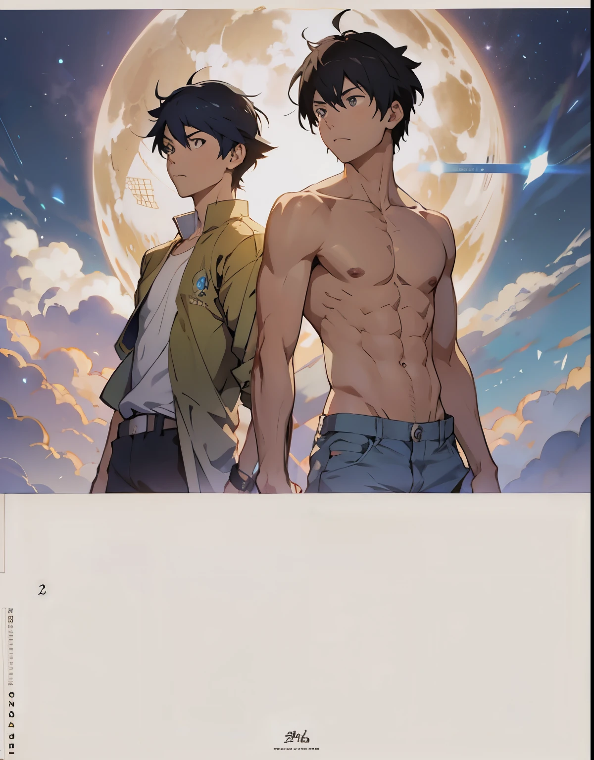 personajes de anime parados frente a una luna llena con un fondo de cielo, makoto shinkai y (cain kuga), makoto shinkai y artgerm, makoto shinkai y bioware, yusuke murata y makoto shinkai, sakimichan y makoto shinkai, Dos hombres guapos anime, guweiz y makoto shinkai