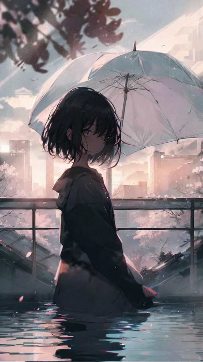 Product illustration of a girl in the rain,cherry blossoms,water中で,water,black hair,short bob,white skin