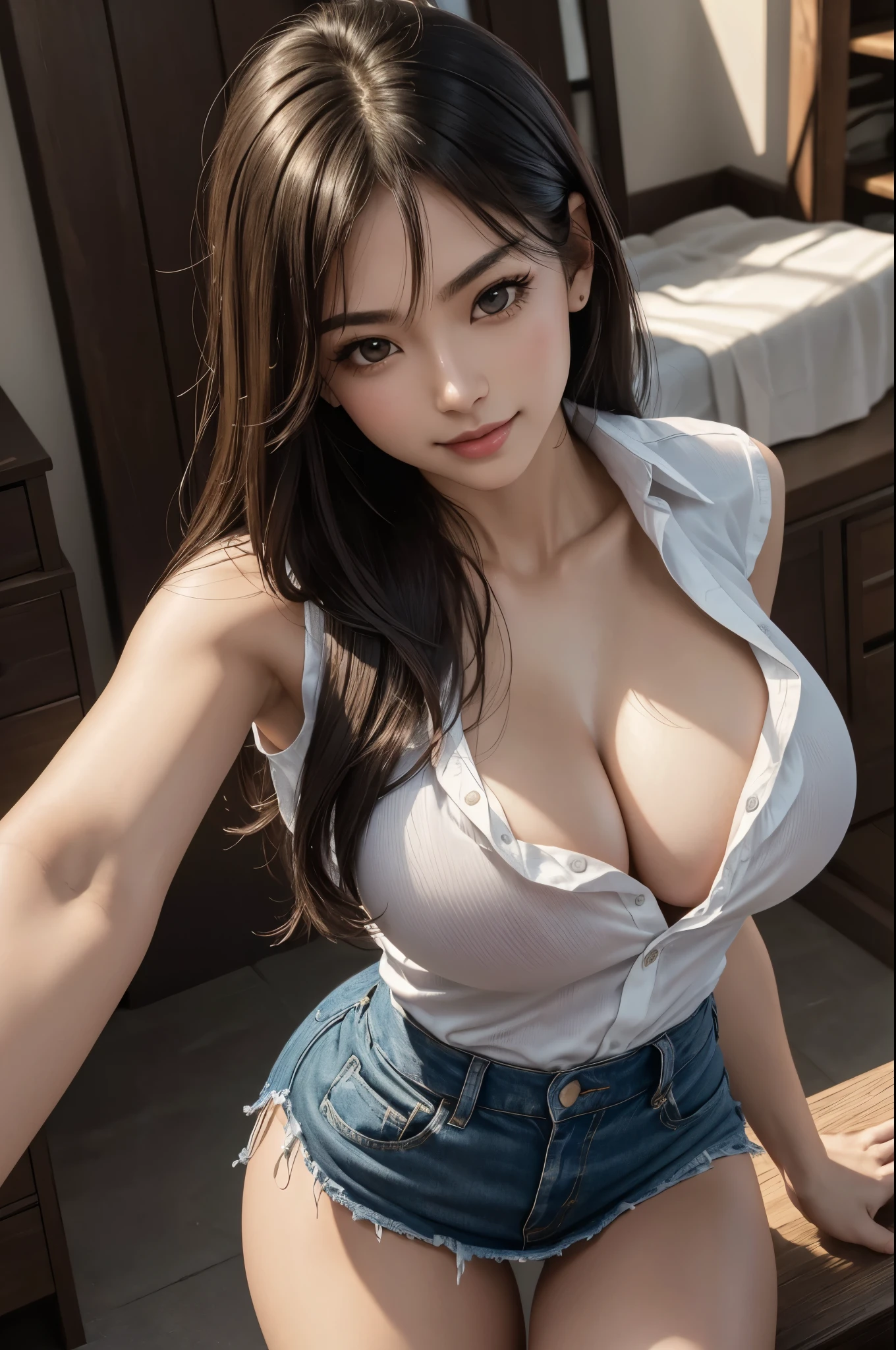 8K、ultra high resolution、best image quality、table top:1.2、Walking in the forest,Raw portraits of Japanese women、超A high resolution、highest quality、 (big breasts、:1.4)、(Casual outfit):1.6}、Black Denim Skirt,(Wearing a sexy shirt with big breasts。:1.5)、(The opening under the thighs:1.5)、(Dressing room:1.2) break(natural skin texture、fine skin、hyper realism、Super sharpness)、intricate details、Depth of the bounds written、sexy adult woman、black hair、tight buttocks、((masterpiece、highest quality、high detail))、(photo realistic:1.4)、solo、close your mouth、smile happily、Big eyes、pronounced double eyelids、eyelash、long neck、Absolute area、cleans the collarbone、The face is perfect、thin lips、small face、(gaze towards the viewer、eye highlights、light brown eyes、lip gloss)、attractive,sexy pose,realistic skin,realistic portrait,masterpiece,Intricate details,Volume measurement,Perfect hand shape,body balance,ultra high resolution,超realistic skin,smile,Black sexy outfit,sexy pose,No sleeve(Sleeveless costume),perspective from above,