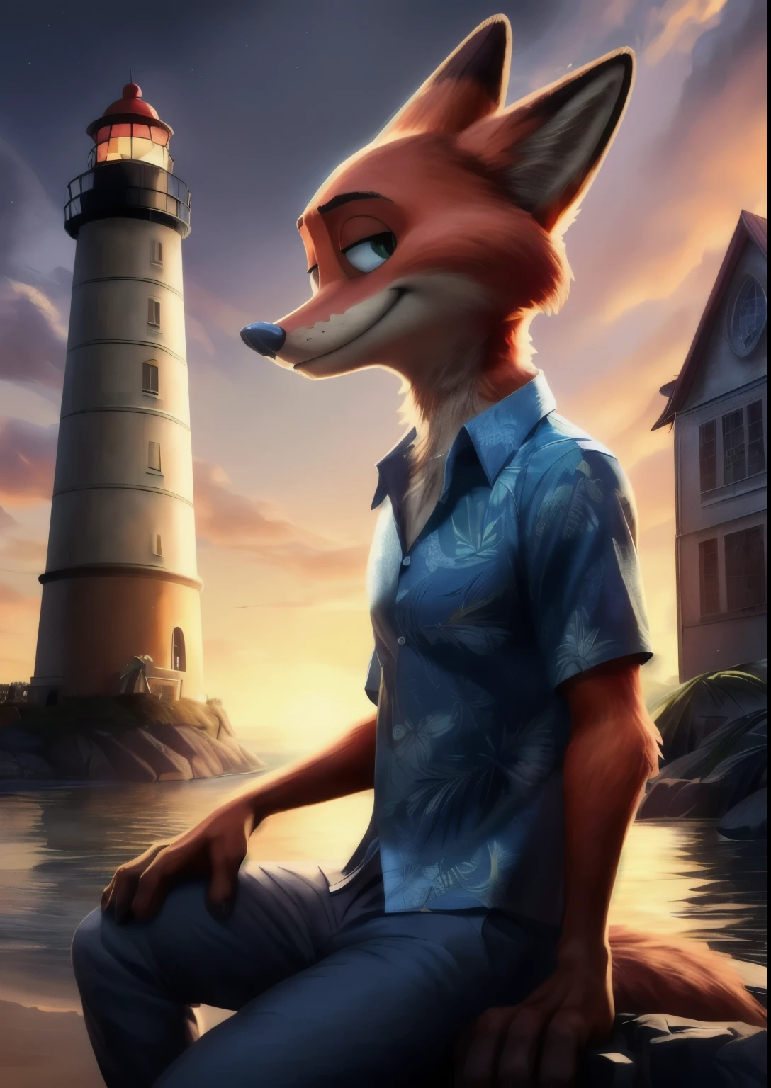 Uploaded to e621, [(by homogeneous rules, by Wilderling, by foxfu, by card sofa)::0.85],
alone (((Nick Wilde), three quarter portrait) Wear a blue Hawaiian shirt with gray-blue pants),
(Sitting on the island at dusk，There are plants and water, cloud, glowing light, architecture, lighthouse),
rest,
(Detailed background, depth of field, half shadow, Sunlight, Ambient light hits the body),
(complex:0.7), (high detail:1.3), (Unreal Engine:1.3), (sharp focus:1.15),
[Explicit content, problematic content], (masterpiece, best quality, 4K, 2k, shadow, Ridiculous resources)