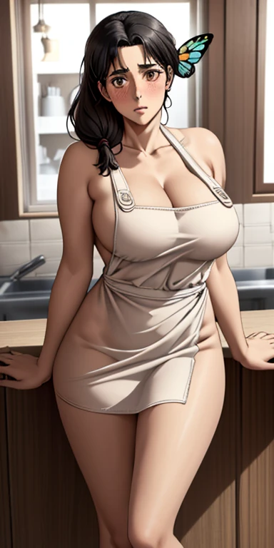 1girl, solo, black hair, hair over shoulder, butterfly hair ornament, (naked:1.3), (white apron), large breasts, cleavage, thighs, cafe background, (blushing:1.3), brown eyes, Carla Yeager, standing, realistic eyes, perfect shaped beautiful body